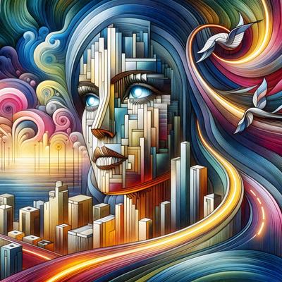 The primary subject of the image is a woman with blue eyes, who is the main focus of the scene. She is depicted in a colorful and artistic manner, with a mix of digital art and illustration. The setting is a cityscape, with tall buildings and a skyline visible in the background. The visual style is vibrant and eye-catching, with a combination of bright colors and intricate details. The overall atmosphere is lively and energetic, reflecting the dynamic nature of the city and the